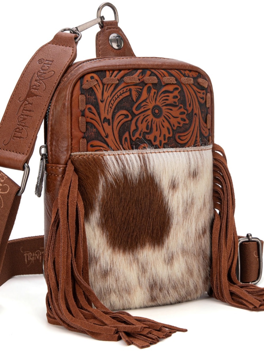 TR179-186 Trinity Ranch Genuine Hair-On CowhideTooled Fringe Sling Bag (brown)